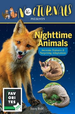 The nonfiction early reader book has a banner at the top with The Nocturnals logo next to the cartoon illustrations of the three characters. Beneath is a large photograph of a real fox on top of a rock. To the right of it are small pictures of a real suga